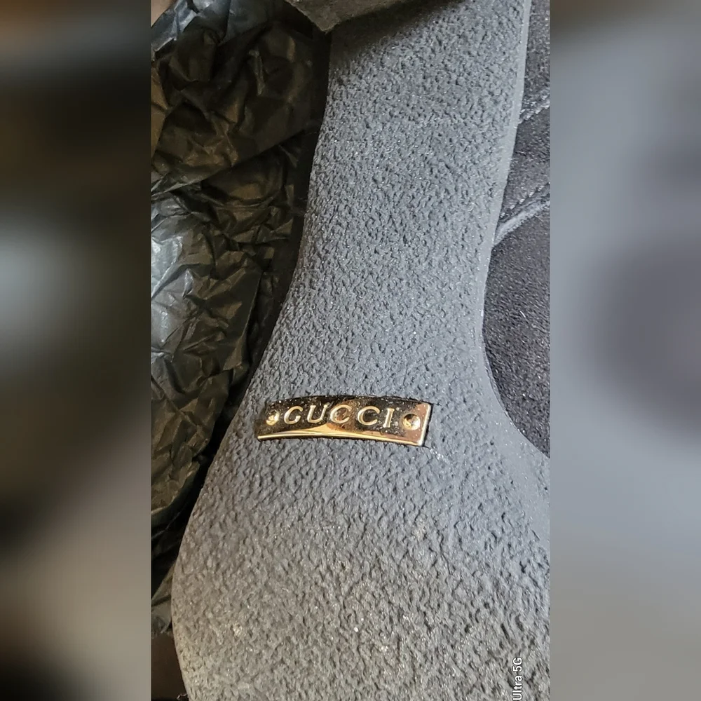 Gucci Suede Monogram Black Shearling Lined Tall High Heel Women's Boots 9.5 - Picture 5 of 11